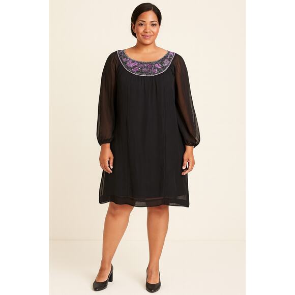 MONSOON black flowy sheer sleeve silk dress w/pink beading & embroidery size 18 - Picture 1 of 6